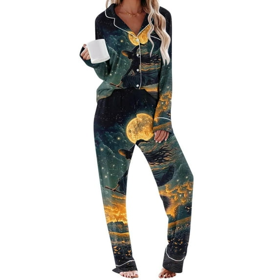 Riecok Womens Halloween Pajamas Long Sleeve Halloween Printed Button up Shirt and Wide Leg Pant Holiday Loungewear Outfits