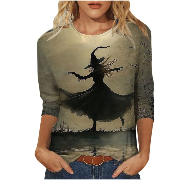 Riecok Womens Halloween Shirts 3/4 Sleeve Crewneck Witch Printed Tunic Tops Basic Tee Blouses Coffee 3XL