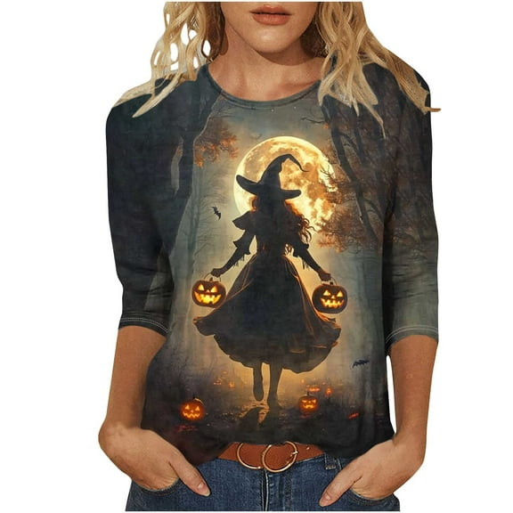 Riecok Womens Halloween T Shirts 3/4 Sleeve Crewneck Witch Printed Tunic Tops Loose Casual Clothes Multicolor M