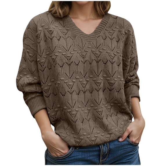 qelini Womens Hollow out Sweaters V Neck Pullover Sweaters Solid Lightweight Long Sleeve Tops Dressy Casual Outerwear