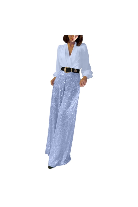 Womens Jumpsuits Dressy Summer Long Sleeve V Neck Wide Leg One Piece Sequin Trendy Business Rompers