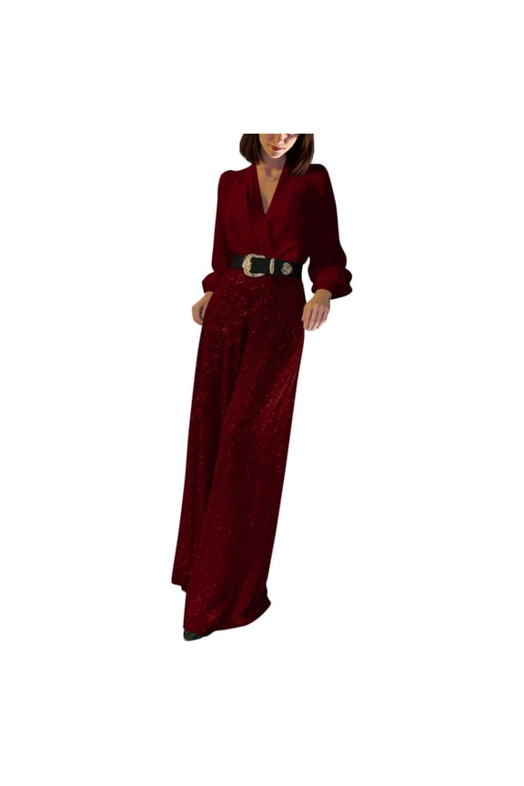Womens Jumpsuits Dressy Summer Long Sleeve V Neck Wide Leg One Piece Sequin Trendy Business Rompers