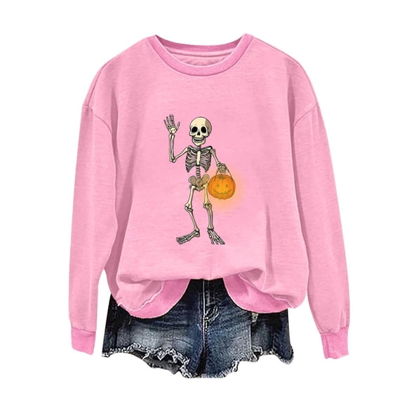 Riecok Womens Long Sleeve Sweatshirts Halloween Skeleton Print Pullover Spooky Season Crewneck Tops Funny Fall Outfit