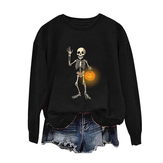 Riecok Womens Long Sleeve Sweatshirts Halloween Skeleton Print Pullover Spooky Season Crewneck Tops Funny Fall Outfit