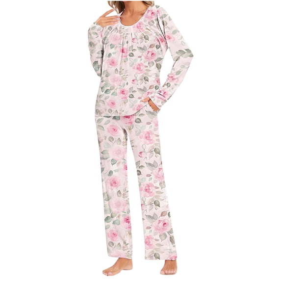 Riecok Womens Loungewear Sets Crewneck Long Sleeve Tops and Pants Cute Print Comfortable Soft Sleepwear