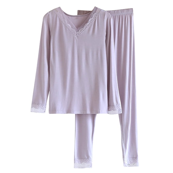 Riecok Womens Loungewear Sets V Neck Long Sleeve Tops and Elastic Waist Pants Solid Warm Fuzzy Sleepwear