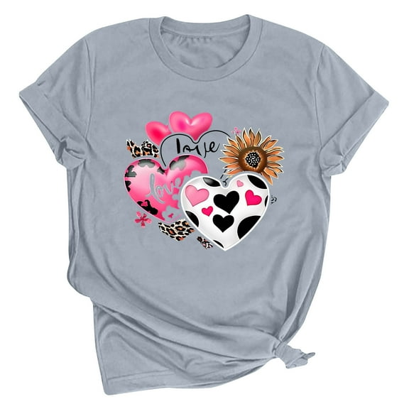 Riecok Womens Love Cursive Heart Design Cute Graphic Novelty Valentines Day T shirt Round Neck Heart T Shirt for Women Short Sleeve Summer Casual Comfy Novelty Graphic Tops Gray S