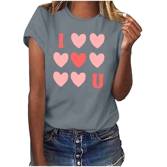 Riecok Womens Love Heart T-Shirts valentines day shirts Crew Neck Love Graphic Tee Short Sleeve Summer Comfy Casual Short Sleeve Tops Gray M
