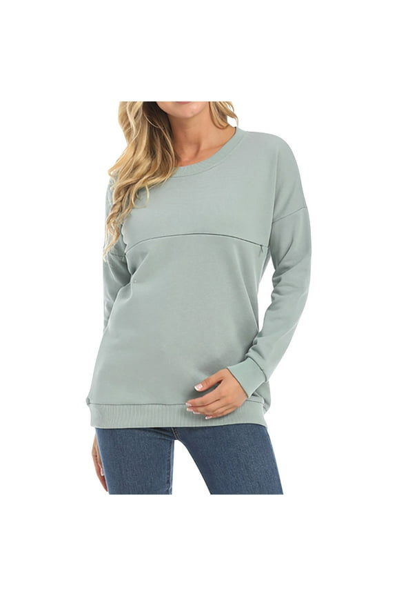 Womens Maternity Sweatshirt Round Neck Breastfeeding Tops Solid Color Long Sleeve Blouses Winter Warm Clothes