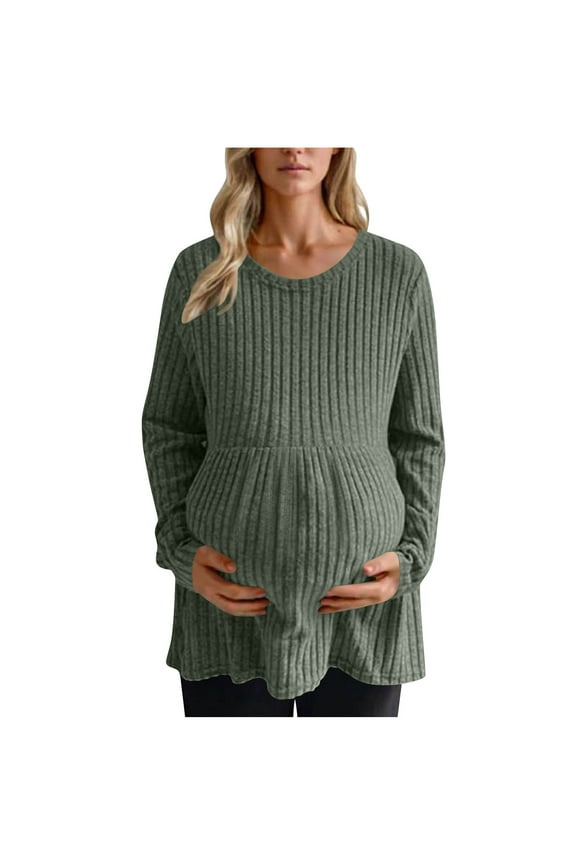 Womens Maternity Tops Crewneck Stretchy Side Ruched Pullover Solid Ribbed Knit Long Sleeve Tunic Shirts