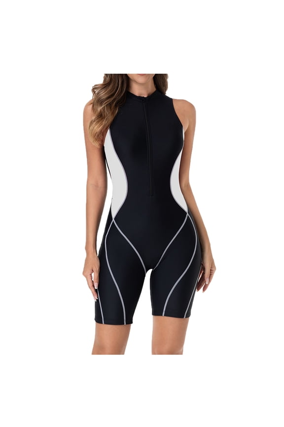 Womens One Piece Swimsuits Sun Protection Zipper Swimwear Colorblock Swim Suit Sleeveless Beach Bathing Suits