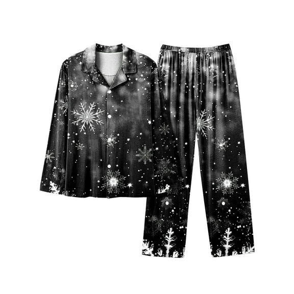 Riecok Womens Pajama Sets Long Sleeve Snowflake Printed Button up Shirt and Wide Leg Pant Holiday Cozy Nightwear Outfits