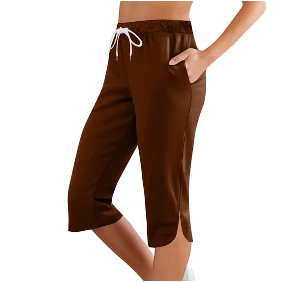 Riecok Womens Pants Elastic Waist Capri Pull on Pants Drawstring Solid Workout Trousers with Pockets Coffee S