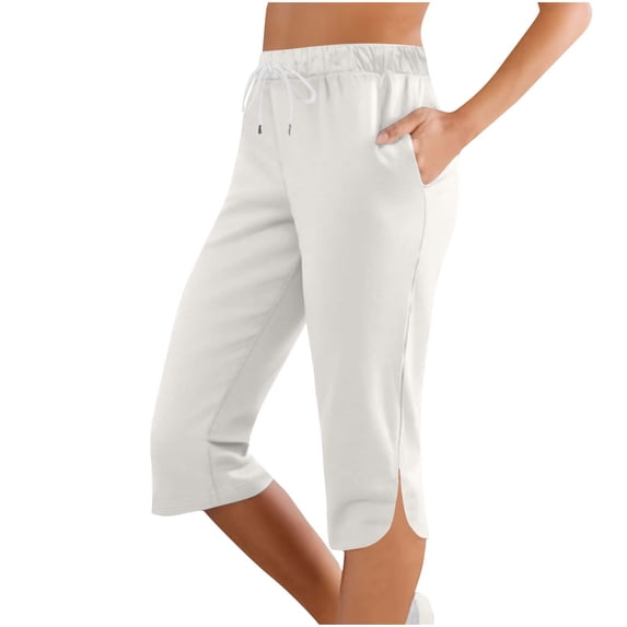 Riecok Womens Pants Elastic Waist Capri Pull on Pants Drawstring Solid Workout Trousers with Pockets White L