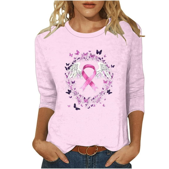 Riecok Womens Plus Size Breast Cancer Shirts 3/4 Sleeve Crewneck Ribbon Printed Tunic Tops Loose Casual Clothes Pink S