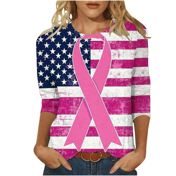 Riecok Womens Plus Size Breast Cancer Shirts 3/4 Sleeve Crewneck Ribbon Printed Tunic Tops Loose Casual Clothes Pink S
