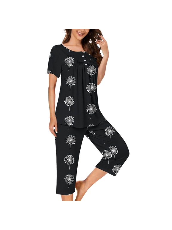 Womens Plus Size Loungewear Sets 2 Piece Loose Pajama Sets Short Sleeve Button Top and Capris Summer Sleepwear