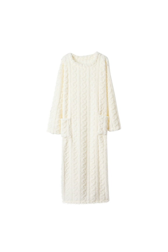 Womens Plush Bathrobes Long Cozy Soft Long Sleeve Warm Bathrobe with Front Pockets Causal Loungewear Sleepwear White Free Size