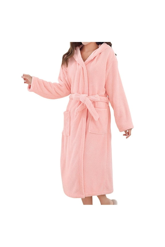Womens Plush Robes Long Length Cozy Soft Long Sleeve Warm Bathrobe with Front Pockets and Tie Closure Casual Housecoat Pink Free Size