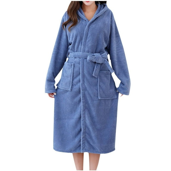 Riecok Womens Plush Robes Plus Size Cozy Soft Long Sleeve Warm Bathrobe with Tie Closure Comfortable Nightdress Blue Free Size