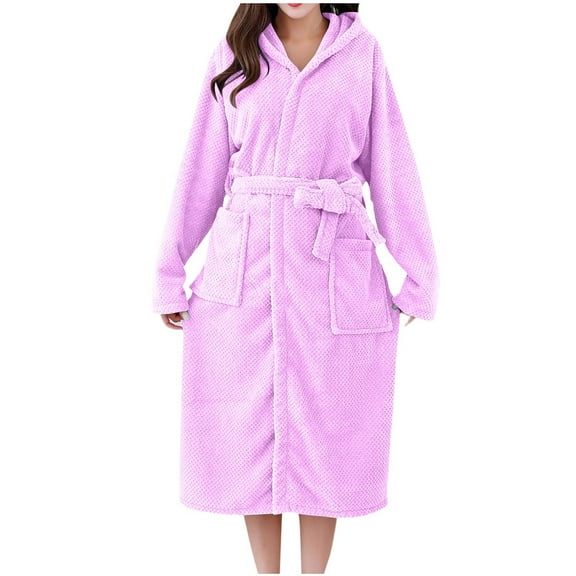 Riecok Womens Plush Robes Plus Size Cozy Soft Long Sleeve Warm Bathrobe with Tie Closure Comfortable Nightdress Purple Free Size