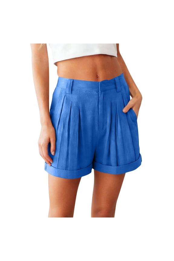 Womens Pull on Shorts with Pockets Summer Wide Leg Linen Shorts Pleated Solid Beach Vacation Clothes