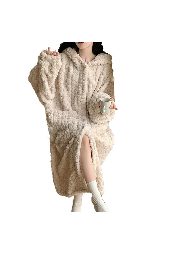 Womens Robes Long Length Flannel Bathrobes Hooded Winter Warm Long Sleeve Baggy Sleepwear