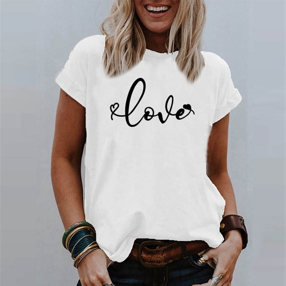 Riecok Womens Short Sleeve Blouses valentines day shirts Round Neck Love Graphic Tee Summer Comfy Casual Short Sleeve Tops White M