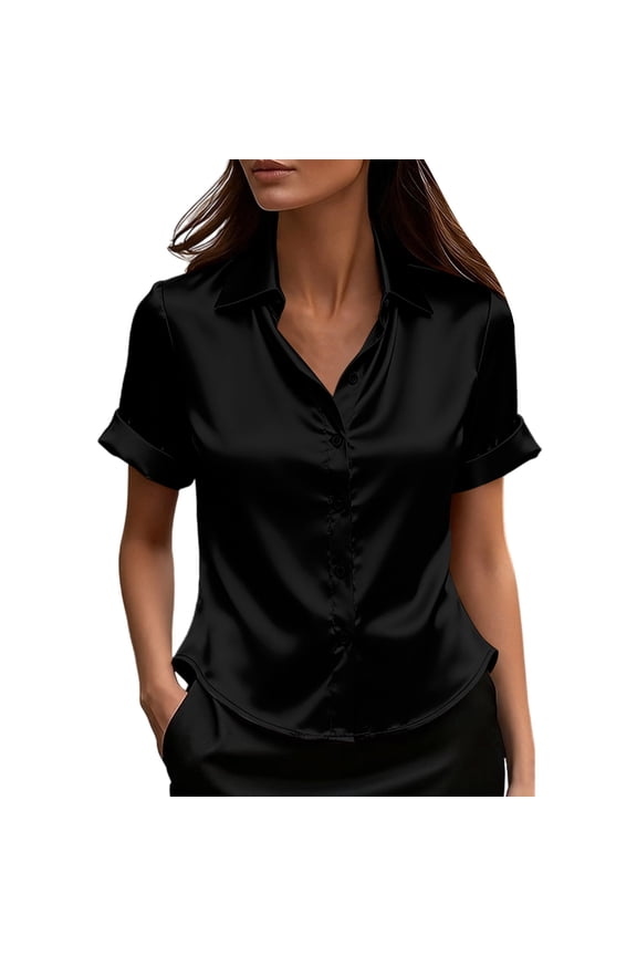 Womens Silk Satin T Shirts Short Sleeve Tops Button down Breathable Blouses Solid Dressy Summer Tees