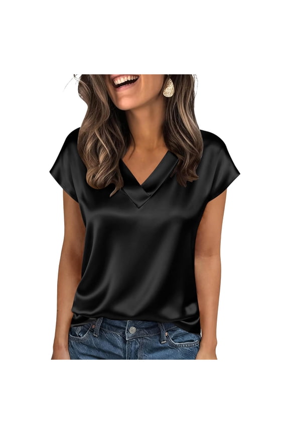 Womens Silk Satin T Shirts V Neck Short Sleeve Tops Breathable Blouses Solid Versatile Summer Tees