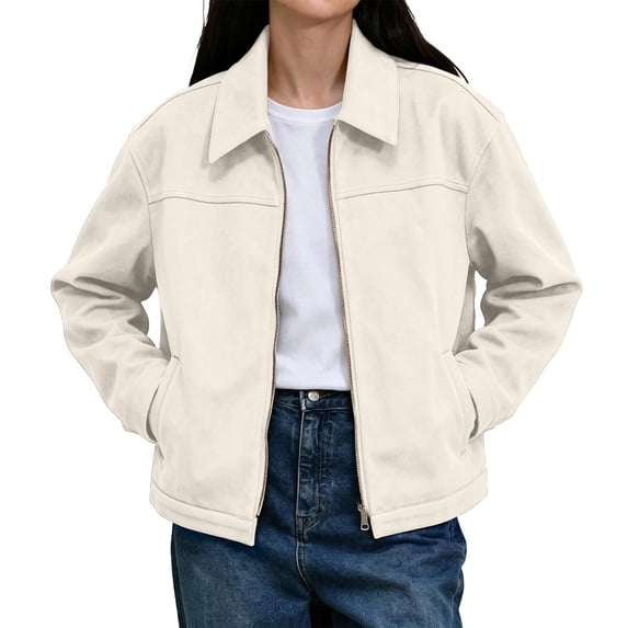 Riecok Womens Suede Jacket Long Sleeve Zip up Coats Lapel Collar Solid Jackets Casual Fall Outerwear with Pocket L