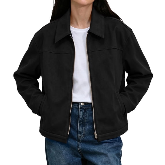 Riecok Womens Suede Jacket Long Sleeve Zip up Coats Lapel Collar Solid Jackets Casual Fall Outerwear with Pocket L