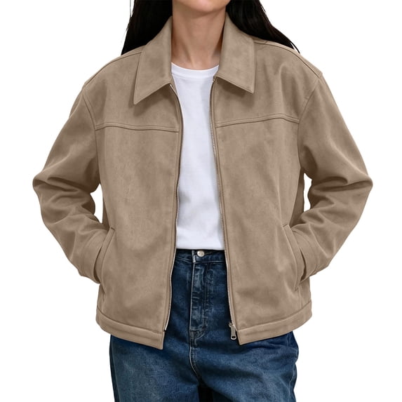Riecok Womens Suede Jacket Long Sleeve Zip up Coats Lapel Collar Solid Jackets Casual Fall Outerwear with Pocket S