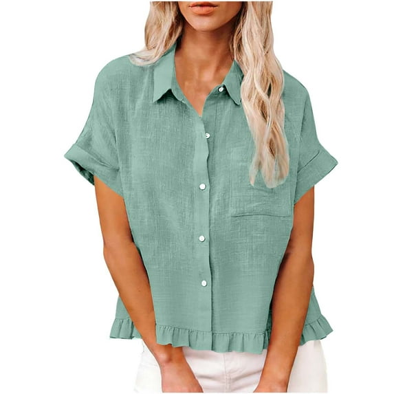 Riecok Womens Summer Shirts Collared Short Sleeve Tops Lightweight Blouses Solid Dressy Summer Tees with Pocket
