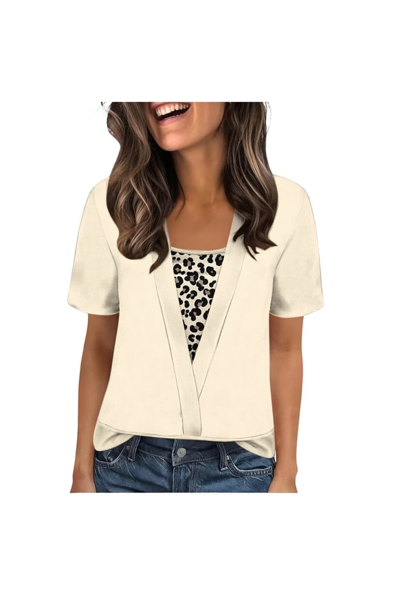 Womens Summer Shirts Short Sleeve Crewneck Pullover Trendy Printed Fake Two Piece Tunic Tops Business Blouses