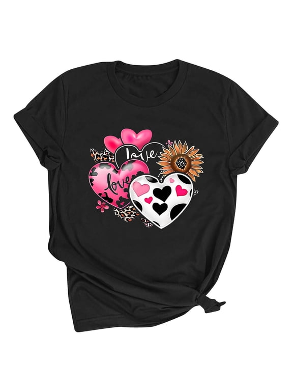Womens Summer Tops Plus Size valentines day shirts Scoop Neck Love Graphic Tee Short Sleeve Fashion Comfy Casual Short Sleeve Tops Black 2XL