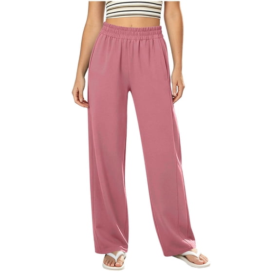 Riecok Womens Sweatpants Straight Leg Elastic Waist Pants Pull on Sweat Pant Solid Dressy Fall Trouser with Pockets Pink 2XL
