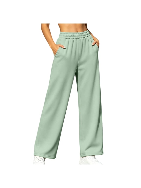 Womens Sweatpants Straight Leg with Pockets Fleece Elastic Waist Pant Pull on Pants Solid Warm Trousers Mint Green S