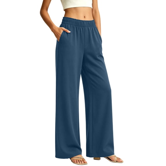Riecok Womens Sweatpants with Pockets Elastic Waist Pants Pull on Wide Leg Sweat Pant Solid Fall Lounge Trouser Navy L