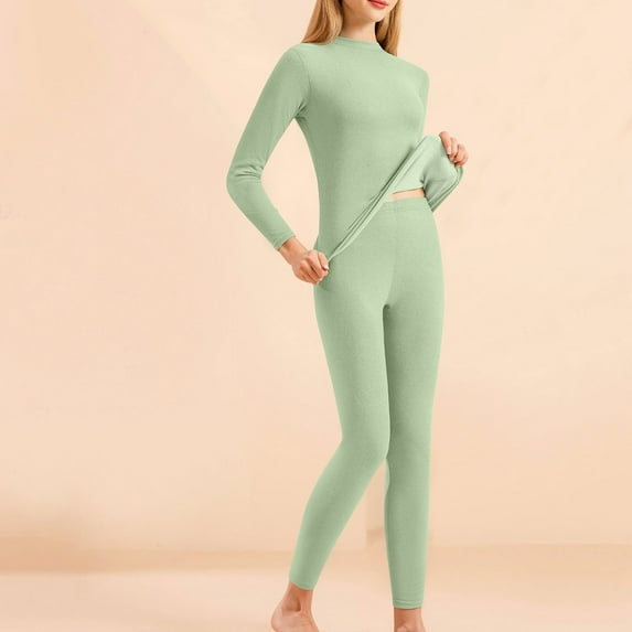 Riecok Womens Thermal Underwear Sets Seamless Round Neck Solid Color High Elasticity Warm and Thick Velvet Home Clothes Green XXXL