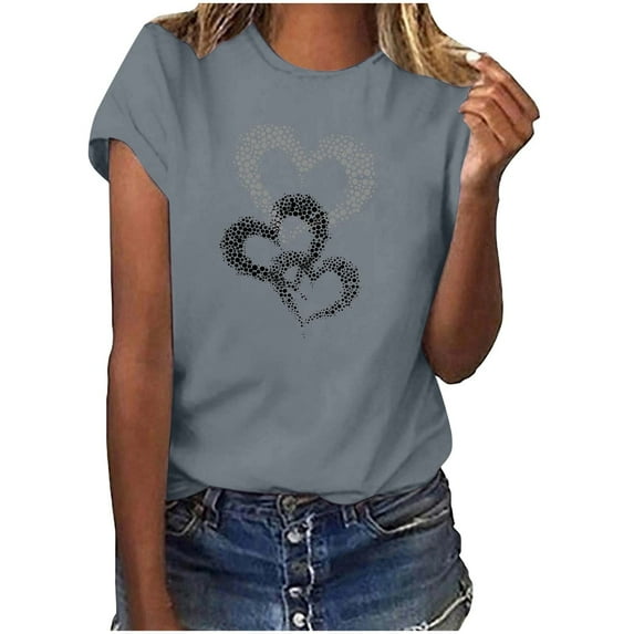 Riecok Womens Tops Plus Size valentines day shirts Crew Neck Heart T Shirt for Women Short Sleeve Summer Casual Comfy Novelty Graphic Tops Gray L