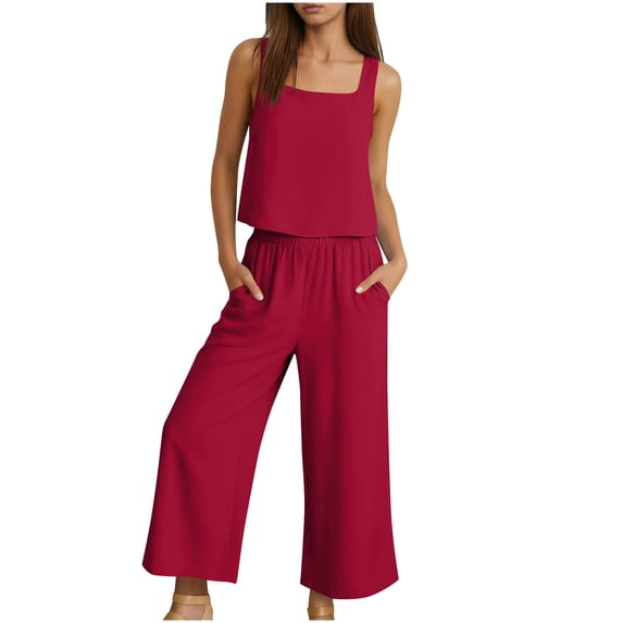 Riecok Womens Two Piece Set Crewneck Sleeveless Crop Tank Tops and Straight Leg Pant Summer Outfits with Pockets