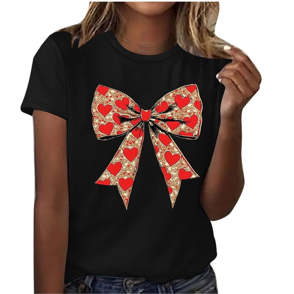 Riecok Womens Valentine T Shirts Crewneck Short Sleeve Tops Breathable Blouses Bow Print Versatile Summer Tees
