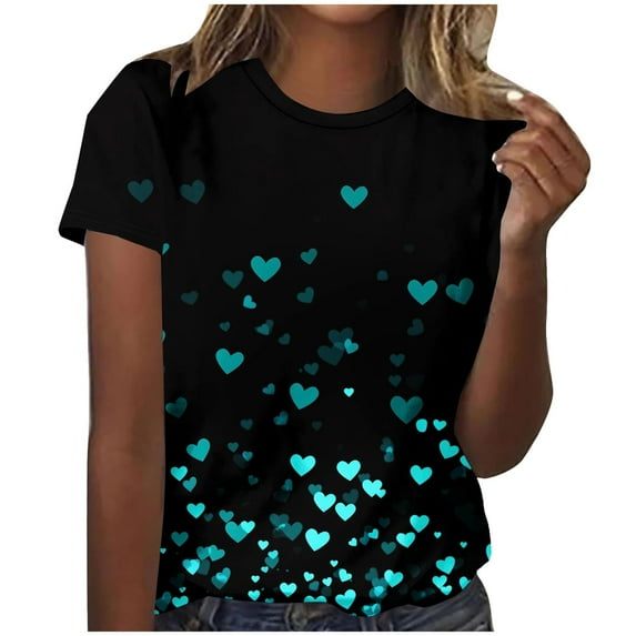 Riecok Womens Valentine T Shirts Crewneck Short Sleeve Tops Lightweight Blouses Heart Print Loose Summer Tees