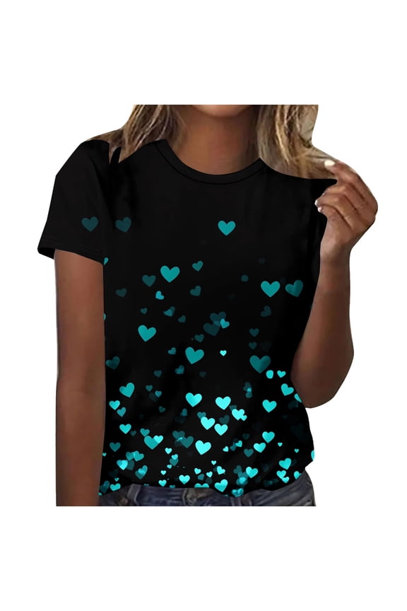Womens Valentine T Shirts Crewneck Short Sleeve Tops Lightweight Blouses Heart Print Loose Summer Tees