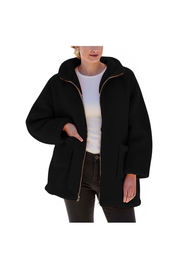 Womens Winter Jackets Plus Size Long Sleeve Jackets Zip Up Coats with Pockets Solid Color Baggy Stylish Clothes