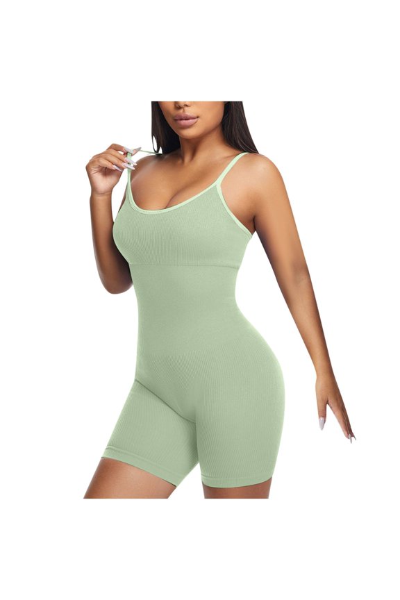 Womens Yoga Bodysuit Seamless Stretchy Sleeveless Jumpsuits Solid Spaghetti Strap Workout Shapewear