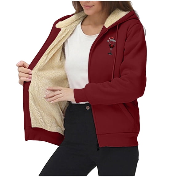 Riecok Womens Zip up Jacket Long Sleeve Hooded Jackets Christmas Printed Fleece Lined Coats with Pockets Casual Stylish Clothes