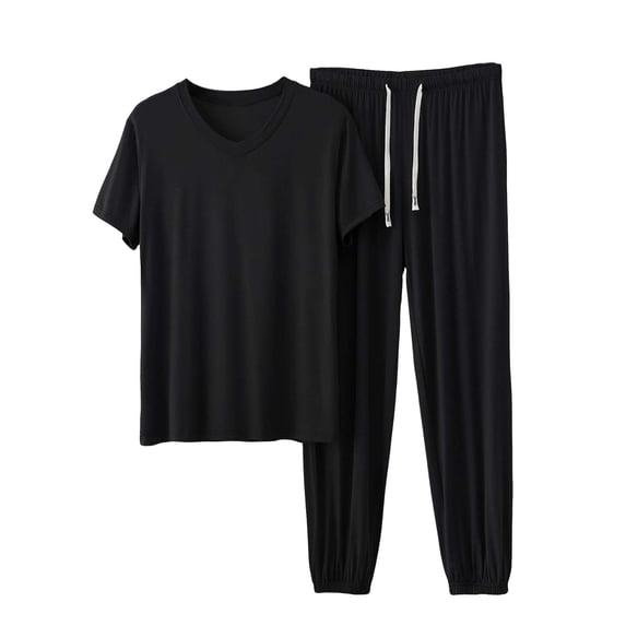 Riecok Workout Sets for Men 2 Piece Matching Sets V Neck Short Sleeve Tops and Drawstring Pant Going out Outfits Black 4XL