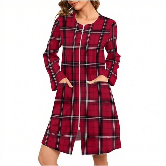Riecok Zip Front Robes for Women Christmas Long Sleeve Loungewear Knee Length Sleepwear with Pockets